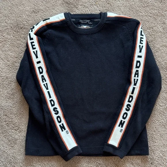 Harley-Davidson Black Crewneck Sweater with White and Orange Stripes - Picture 1 of 4